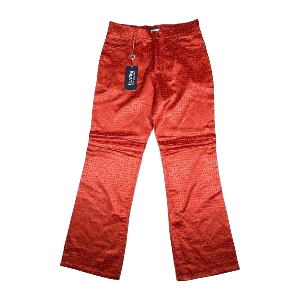 PLATINI‎ JEANS COUGAR Orange Satin Logo Print Flare Pants Size 30 Womens